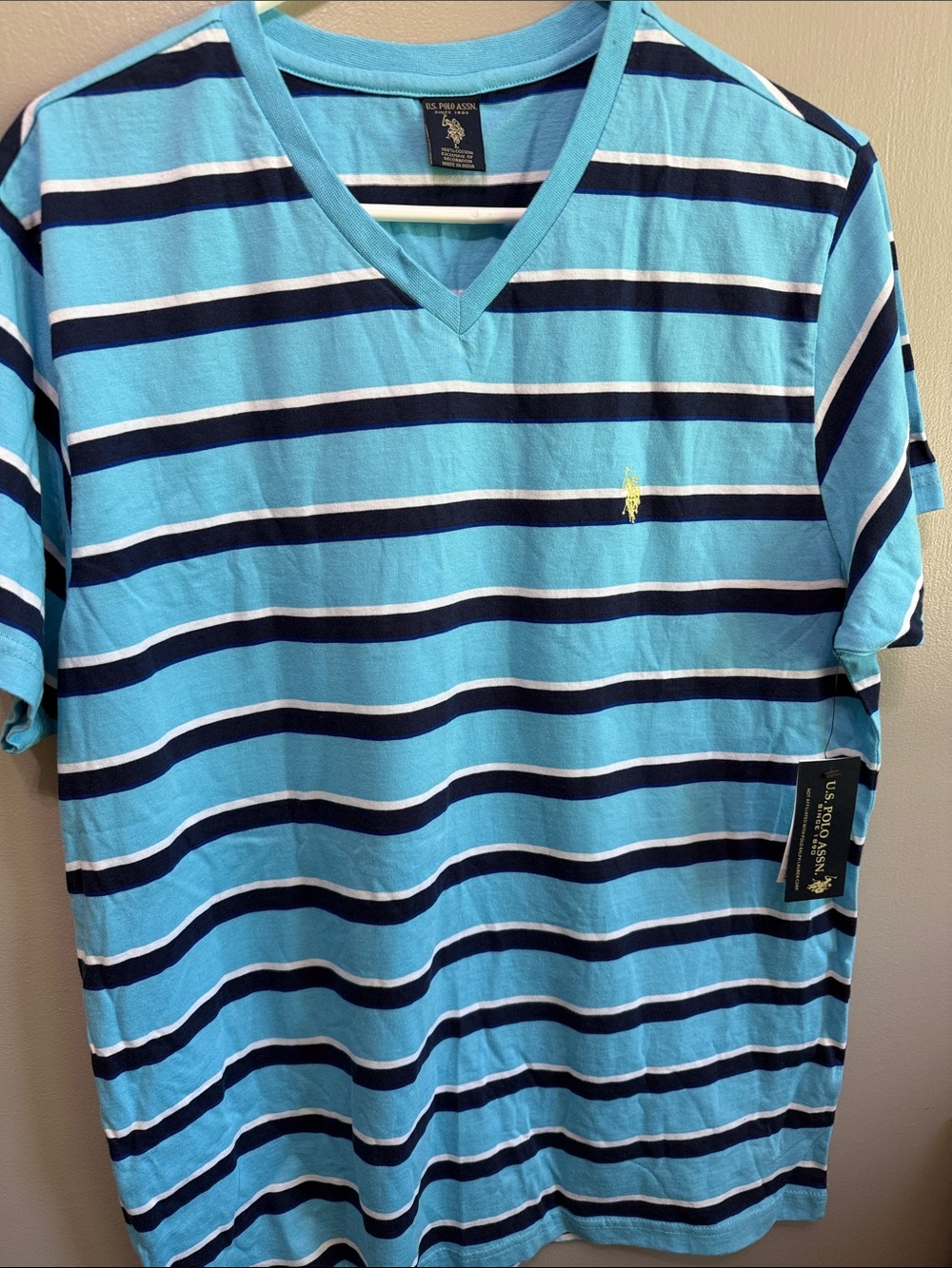 U.S. Polo Assn. Men’s V-Neck Striped Tee in Aqua, Navy & White
